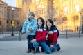 Family, standing in front of national museum in Barcelona, happy family holiday with children Royalty Free Stock Photo