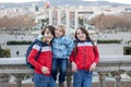 Family, standing in front of national museum in Barcelona, happy family holiday with children Royalty Free Stock Photo