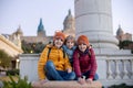 Family, standing in front of national museum in Barcelona, happy family holiday with children Royalty Free Stock Photo