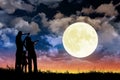 Family standing on hill and watching the moon.Celebrate Mid-autumn festival