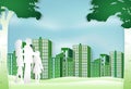 Family standing in the park and green building urban lifestyle,