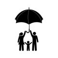 Family stands under an umbrella, stick figure man