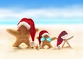 Family of starfish on summer beach and Santa hat. Merry Christmas