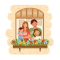 Family staying by the window together at home. People in self quarantine, protection from virus. Vector illustration drawing in