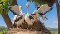 A family of storks sits in a nest in the summer and enjoys the sun and dances beautiful