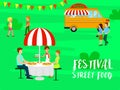 Family street food festival background, flat style