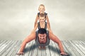 Family of strongman. The father of two sons in vintage costume of athletes perform strength exercises. Family look.