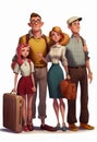 Family with suitcases in anime style. AI Generated