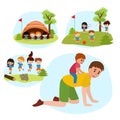 Family Summer camping flat vector illustration.Father piggyback riding a son, children playing tennis and football in