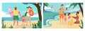 Family summer holidays at sea banners set, cartoon flat vector illustration. Royalty Free Stock Photo