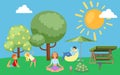 Family in summer loves to relax in nature, father, mother with children in park outdoors, design, cartoon vector