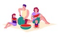 Family on a summer picnic eating watermelon. The concept of family vacation pastime. Vector illustration in flat cartoon style.