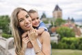 Family in summer season in front of Chateau frontenac Quebec Royalty Free Stock Photo