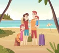 Family summer travellers. Kids with parents going to summer vacation big adventure on sea vector cartoon background