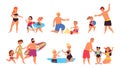 Family summer vacation. Dad relaxed, ocean happy holidays. Mother father and children on beach. Cartoon people walking Royalty Free Stock Photo