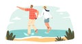 Family summer vacation on seaside with couple run to sea hold hands. Married man and woman on beach Royalty Free Stock Photo