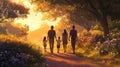 Family Sunset Stroll Illustration Royalty Free Stock Photo