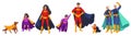 Family of superheroes, cartoon character set, flat vector illustration. Grandparents parents kids in super hero costumes