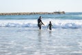 A family of surfers - father and son in wetsuits go to sea Royalty Free Stock Photo