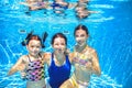 Family swim in pool underwater, mother and children have fun in water, Royalty Free Stock Photo