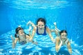 Family swim in pool underwater, mother and children have fun in water, Royalty Free Stock Photo