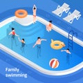 Family swimming concept banner, isometric style