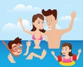 Family swimming in the sea