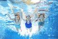 Family swims in pool under water, happy active mother and children have fun, fitness and sport with kids on vacation