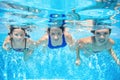 Family swims in pool underwater, happy active mother and children have fun under water, fitness and sport with kids Royalty Free Stock Photo