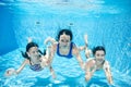 Family swims in pool underwater, happy active mother and children have fun under water, fitness and sport with kids Royalty Free Stock Photo