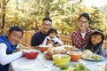 Family at a table on a deck in a forest look to camera Royalty Free Stock Photo