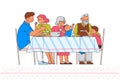 Family at the table portrait. Happy parents, grandparents and children having dinner together, chatting Royalty Free Stock Photo