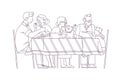 Family at the table portrait. Happy parents, grandparents and children having dinner together, chatting, hug each other  isolated Royalty Free Stock Photo