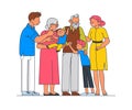 Family portrait, parents, grandparents and children standing together, chatting, hug each other happy isolated on white background