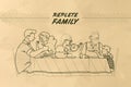 Family at the table vector outline illustration. Happy parents, grandparents, kids having dinner together, chatting, hug each othe