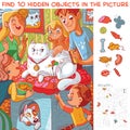 Family takes care of cat. Find 10 hidden objects