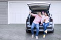 Family taking selfie photo in car Royalty Free Stock Photo