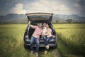 Family taking selfie picture in rice field Royalty Free Stock Photo