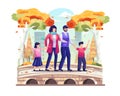 Family taking a walk on the park bridge in autumn. vector illustration Royalty Free Stock Photo