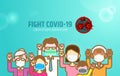 Family team power against Covid-19,Coronavirus flat design illustration