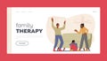 Family Therapy Landing Page Template. Angry Parents Scold Each Other with Little Son Cover Ears Sitting on Floor