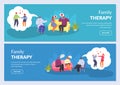 Family therapy, psychotherapy, couple husband and wife talking to psychologist, vector illustrations banners set. Royalty Free Stock Photo