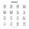 Family thin line icons set: mother, father, newborn, son, daughter, lesbian, gay, single mother and child, grandmother, Royalty Free Stock Photo