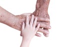 Family three asian hand  , little child girl, grandmother and grandfather isolated on white background Royalty Free Stock Photo