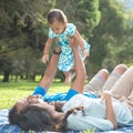 Family of three with baby girl happines laying on a grass