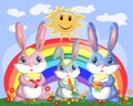 A family of three bunnies in the meadow near the rainbow. Mom, dad, baby. Spring, postcard Royalty Free Stock Photo