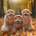 three fluffy ginger cute spitz dogs dressed in knitted hats scarves sitting in an autumn park walking on fallen ai generated