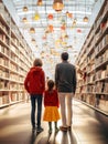 A family of three, a man and two children, are standing in a library Royalty Free Stock Photo