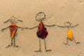 Family, three people drawn on the beach sand. Abstract. Royalty Free Stock Photo