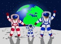 Family of three people in space suits against the background of planet earth